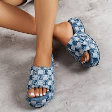 Fashion Peep Toe Beach Sandals Women's Casual Denim Canvas Plaid Shoes Flats Sum