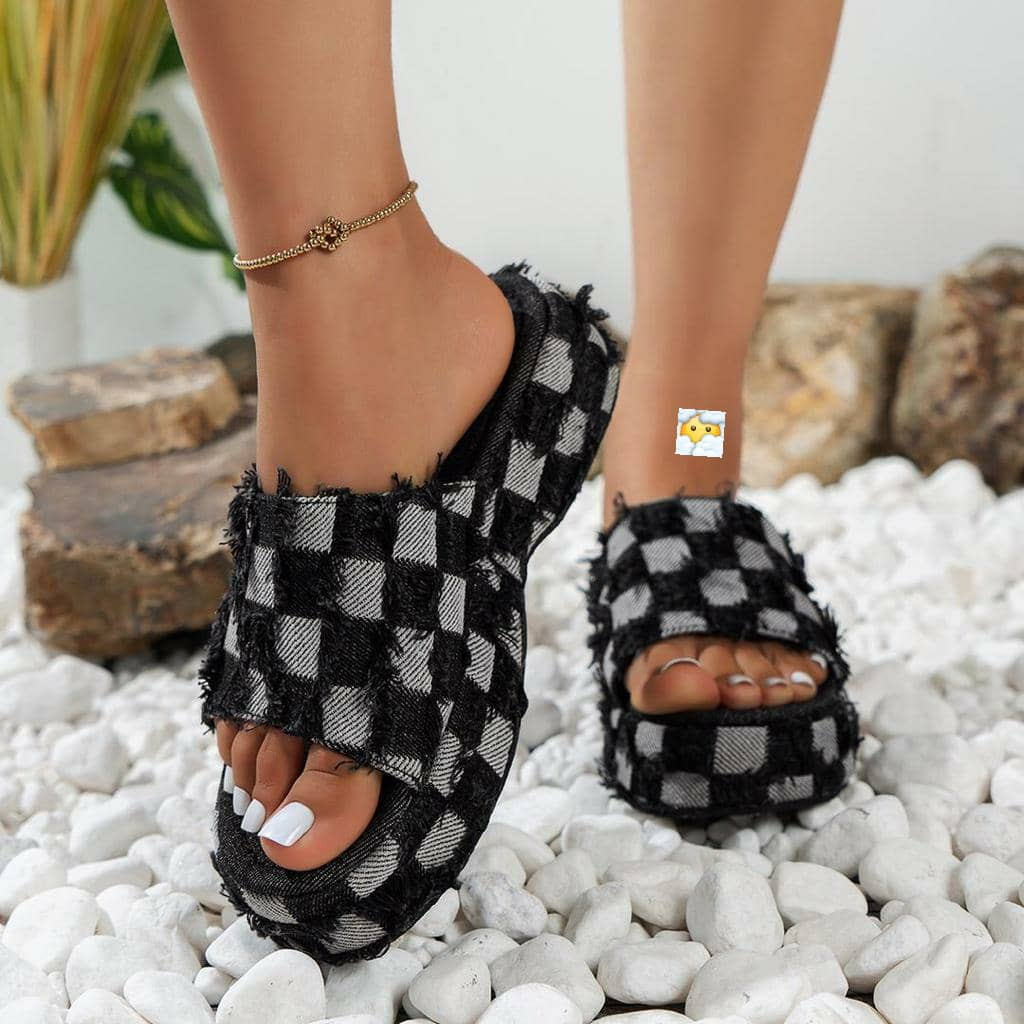 Fashion Peep Toe Beach Sandals Women's Casual Denim Canvas Plaid Shoes Flats Sum