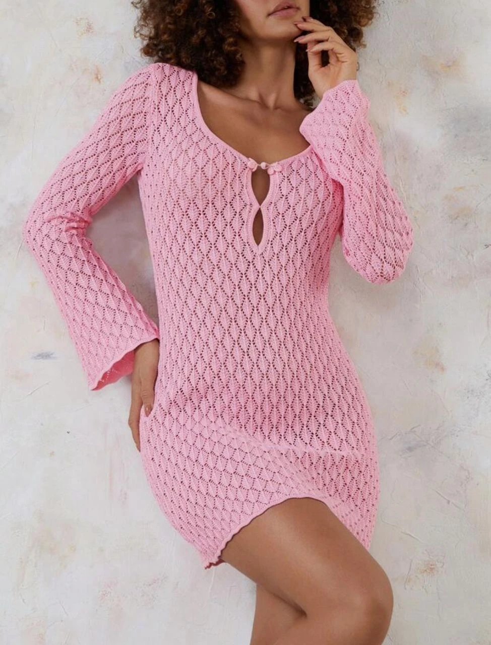 Women's Knit Mini Long Lress v Neck Solid Color Hollow Out Bo Dycon Dress out dr
