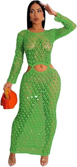 RanRui Women Sexy Long Sleeve Sequin Crochet Maxi Dress Cold Tummy Beach Cover H
