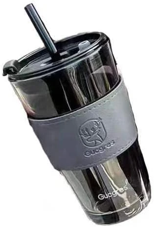 cheersLee 450ml Glass Coffee Mug with Lid Tea Milk Cups with Straw Drinkware Nic