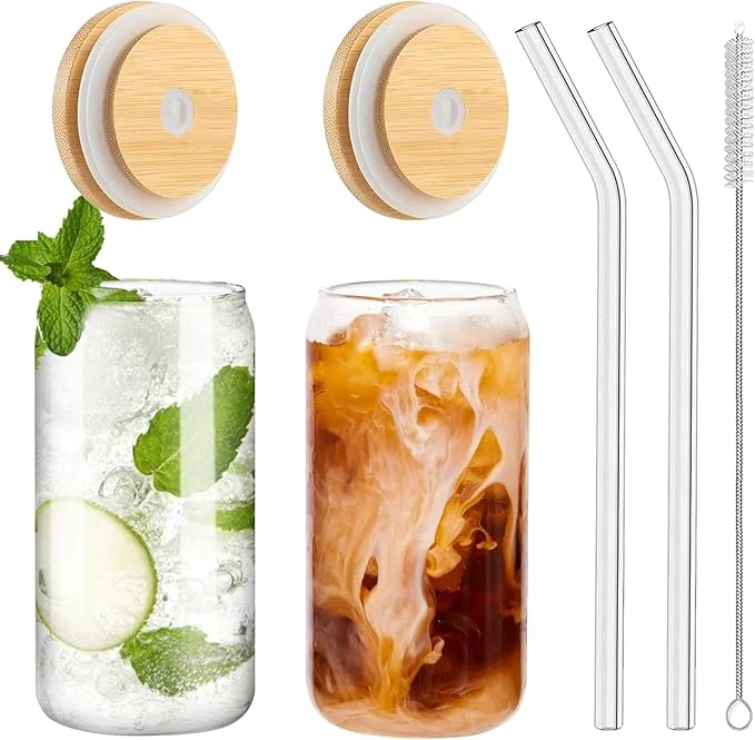 Drinking Glasses with Bamboo Lids and Glass Straw 2pcs Set, 16oz Can Shaped Glas