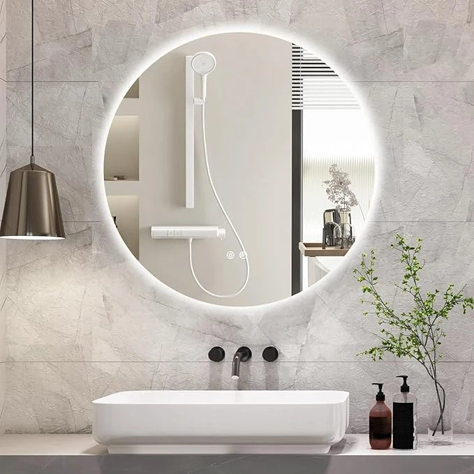 24 Inch Round LED Bathroom Mirror Backlit Anti-Fog 3 Colors Light Dimmable Wall 