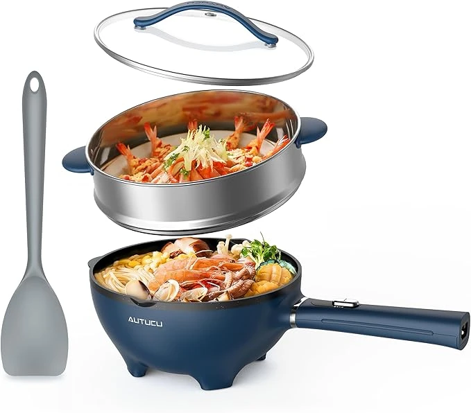3-Quart Electric Hot Pot & wok Nonstick with Steamer | Electric Skillet 1200W fo