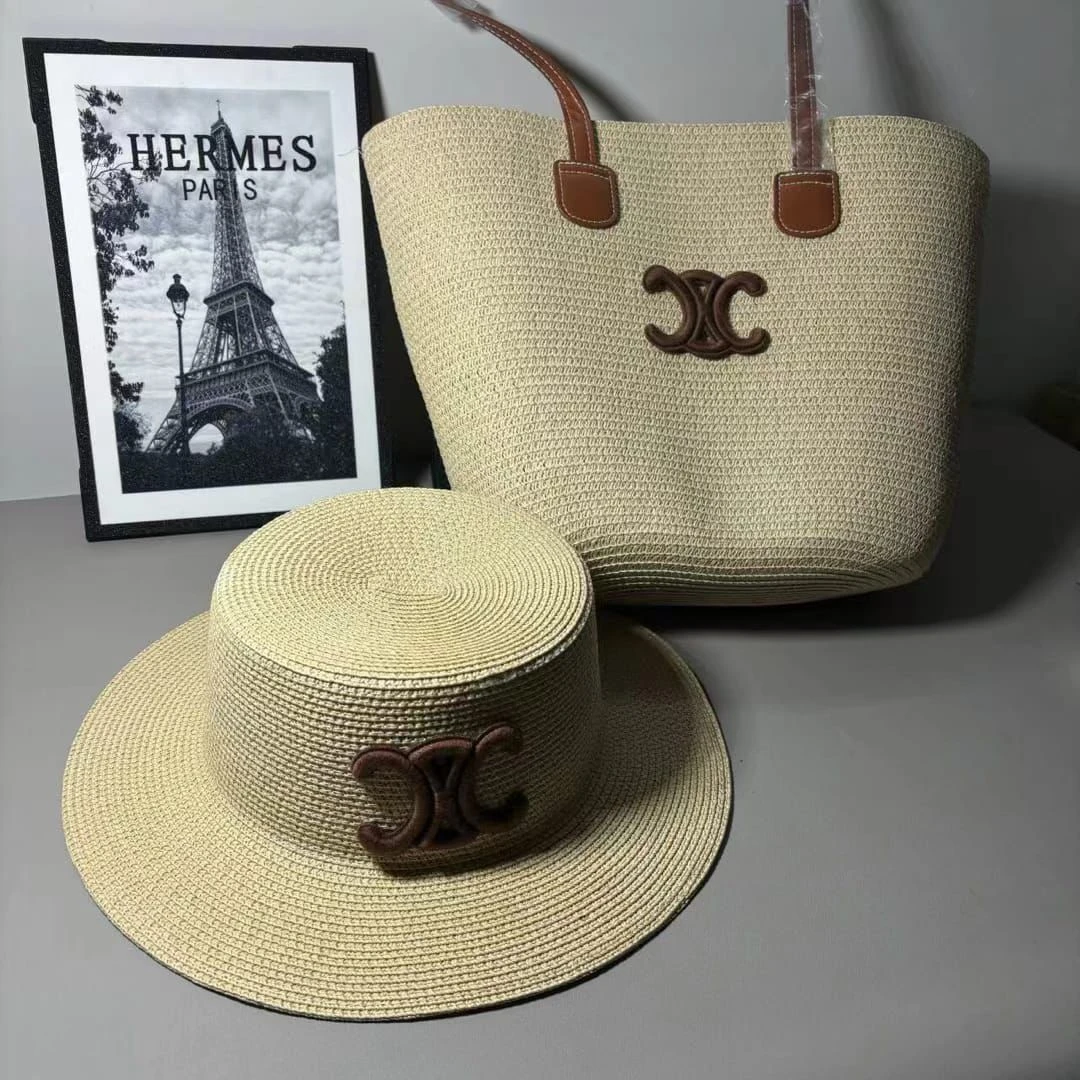 Fashion women's straw hat and large capacity tote bag set