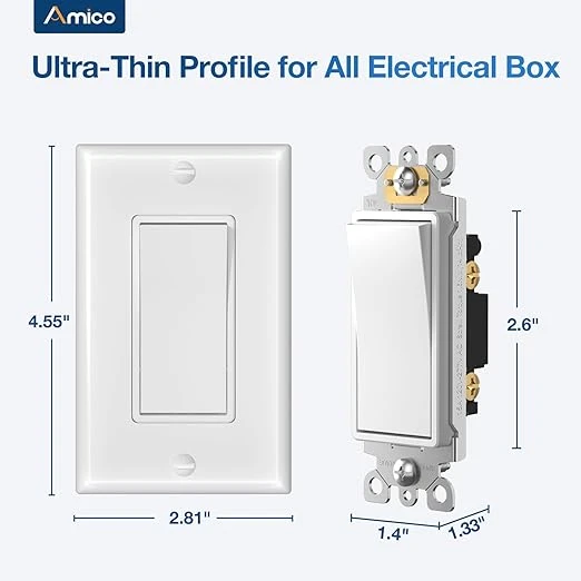 Amico 30 Pack Single Pole Light Switch with Wall Plate, UL Listed, 15A 120/277V,