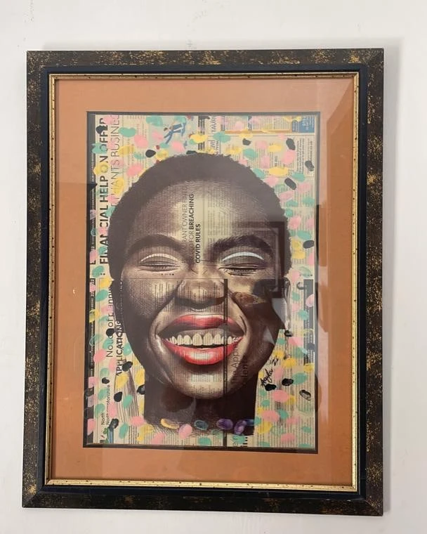 Pure Joy  Medium: Ballpoint pen & oil paint on newspaper.  Size: A2 40x50cm