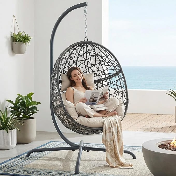 NICESOUL Oversized Patio Swing Egg Chair, Rattan Outdoor Indoor Hanging Egg Chai
