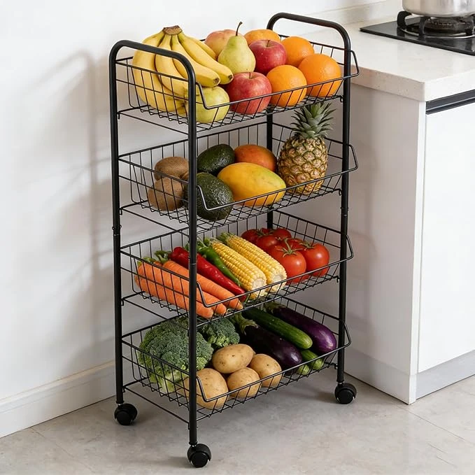 FMOACEN Fruit Vegetable Cart with Wheels 4-Tier Kitchen Fruit Vegetable Storage Basket Stackable Metal Snack Cart Rolling Storage Rack Organizer for Pantry Living Room and Kitchen, Black