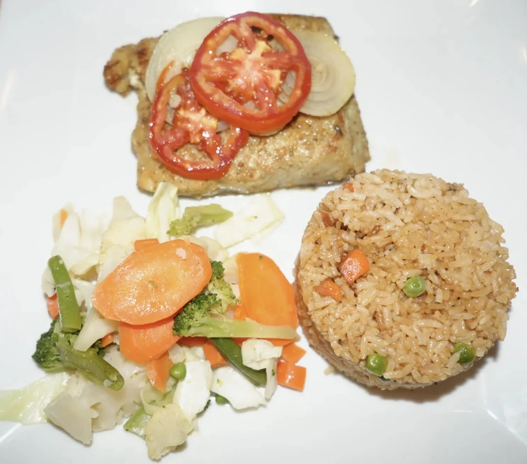 Grilled Shrimps Grilled shrimps served with fried rice or chips, mixed vegetables or salad, and onion sauce