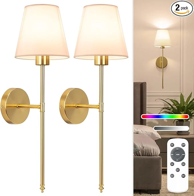 NIORSUN Battery Operated Wall Sconce Set of 2,Gold Rechargeable Wall Lights with 10400mAh Dimmable Bulbs and Remote,10 Colors Wireless Wall Lamps for Bedroom Living Room Hallway Decor